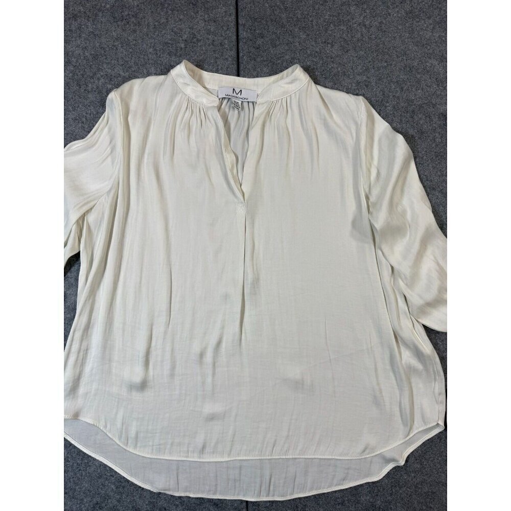 Magaschoni Blouse Top Women Medium Ivory Pleated Split Neck Long Sleeve Pullover